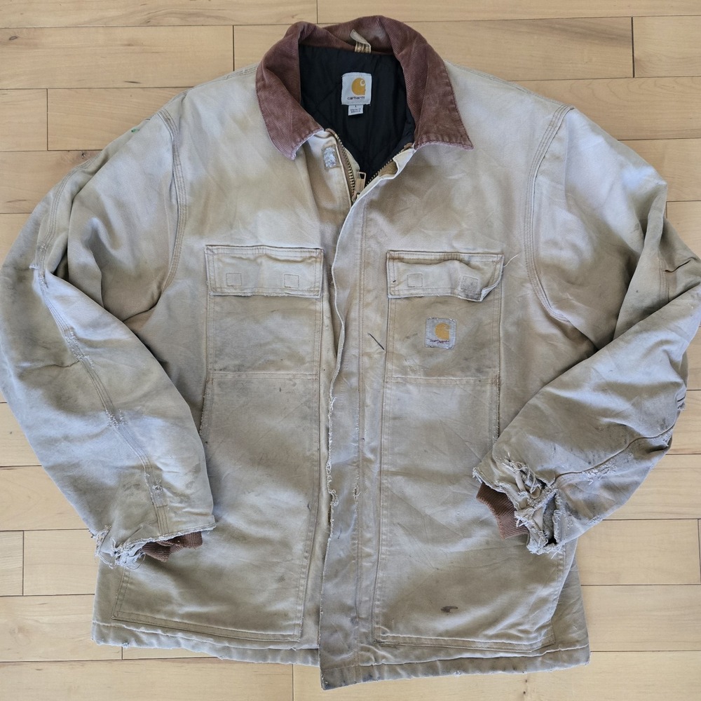 Vintage Carhartt Mens Large Thrashed Quilted Chore Barn Jacket Duck Brown Grunge